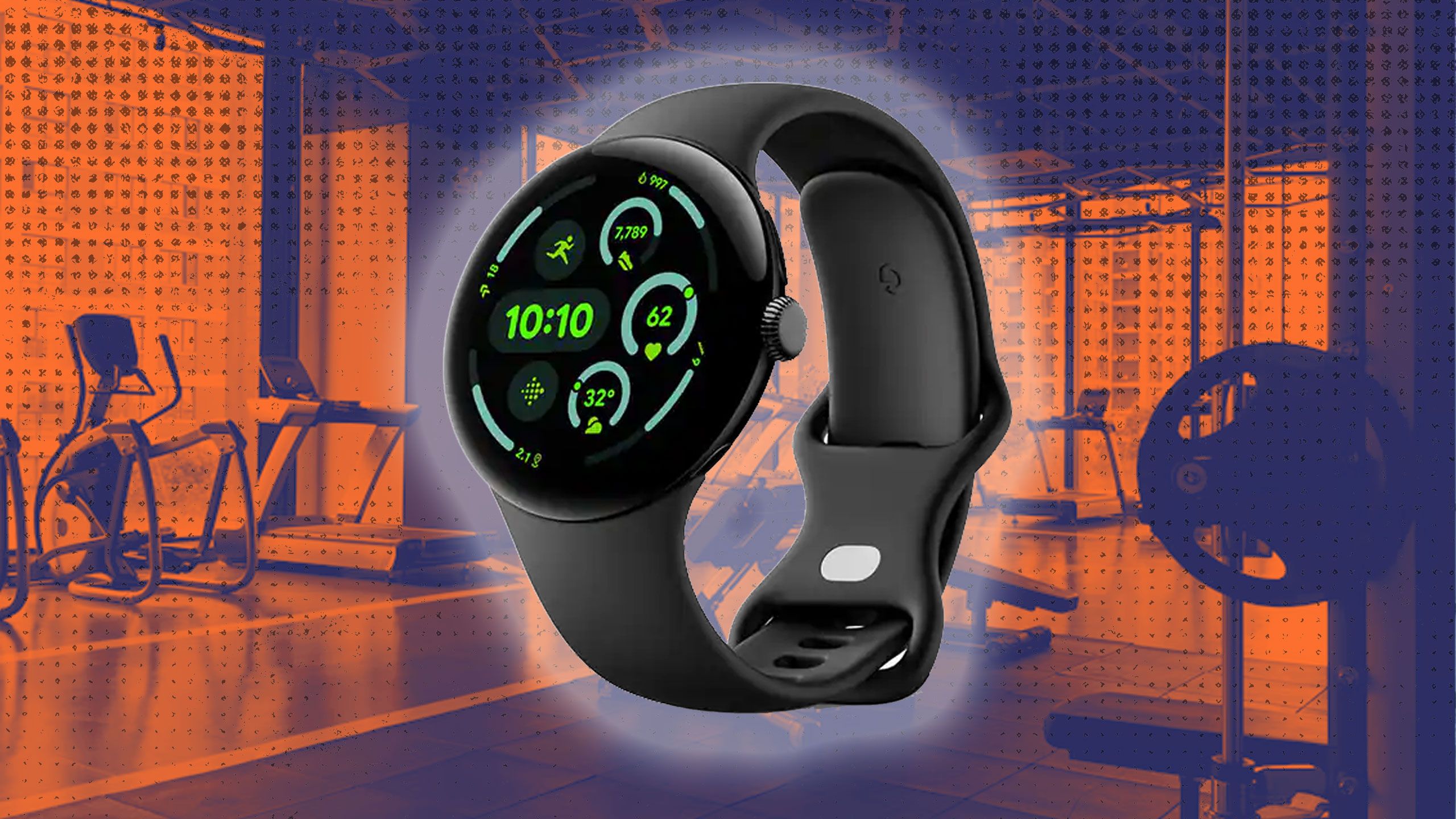 Ilustración fotográfica de Google Pixel Watch frente al equipo de gimnasio