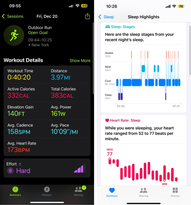 Datos de las aplicaciones Apple Fitness y Health para correr y dormir. 