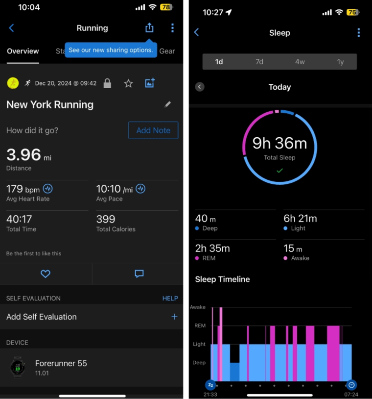 Datos de la aplicación Garmin para correr y dormir por la noche.