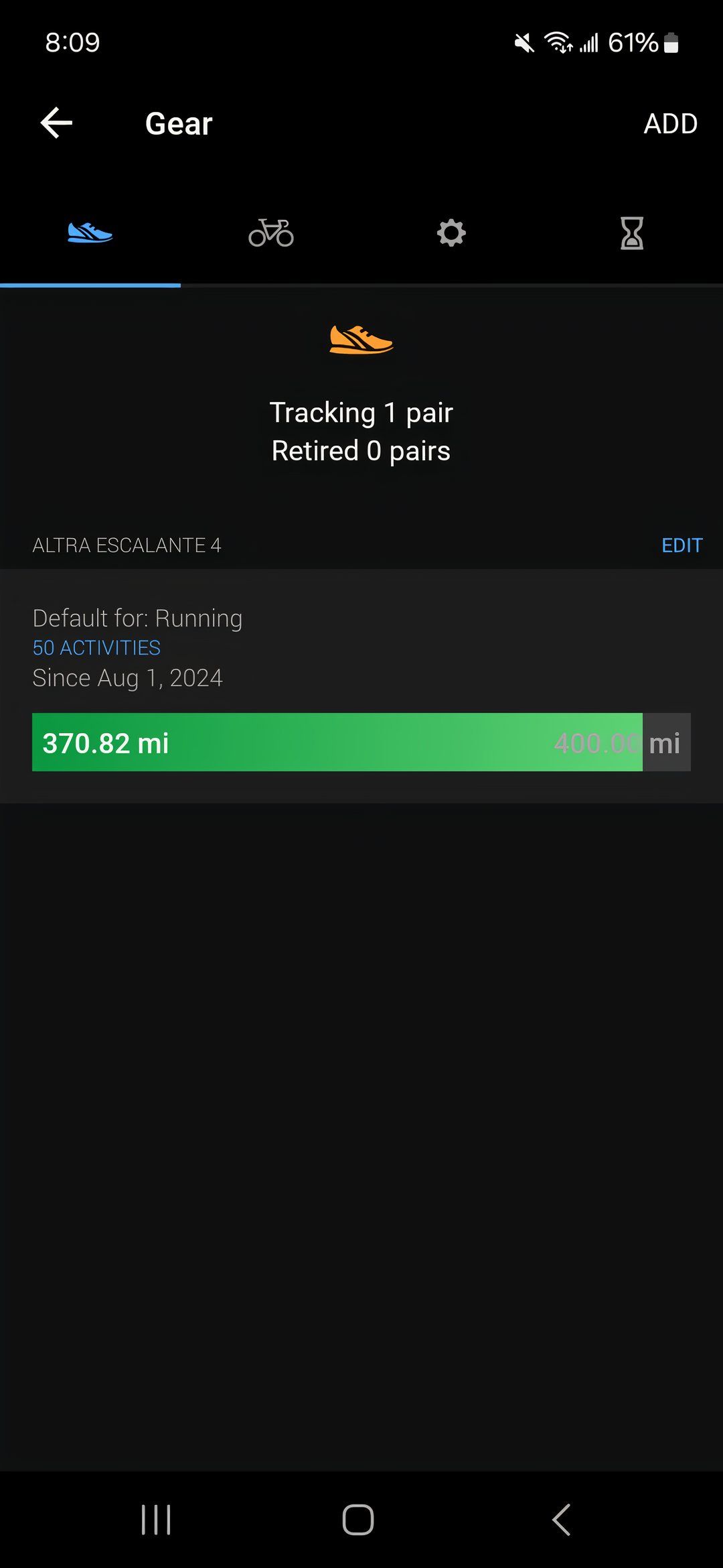 Función de seguimiento de marcha de Garmin Connect que muestra el kilometraje total realizado con un par de zapatillas para correr
