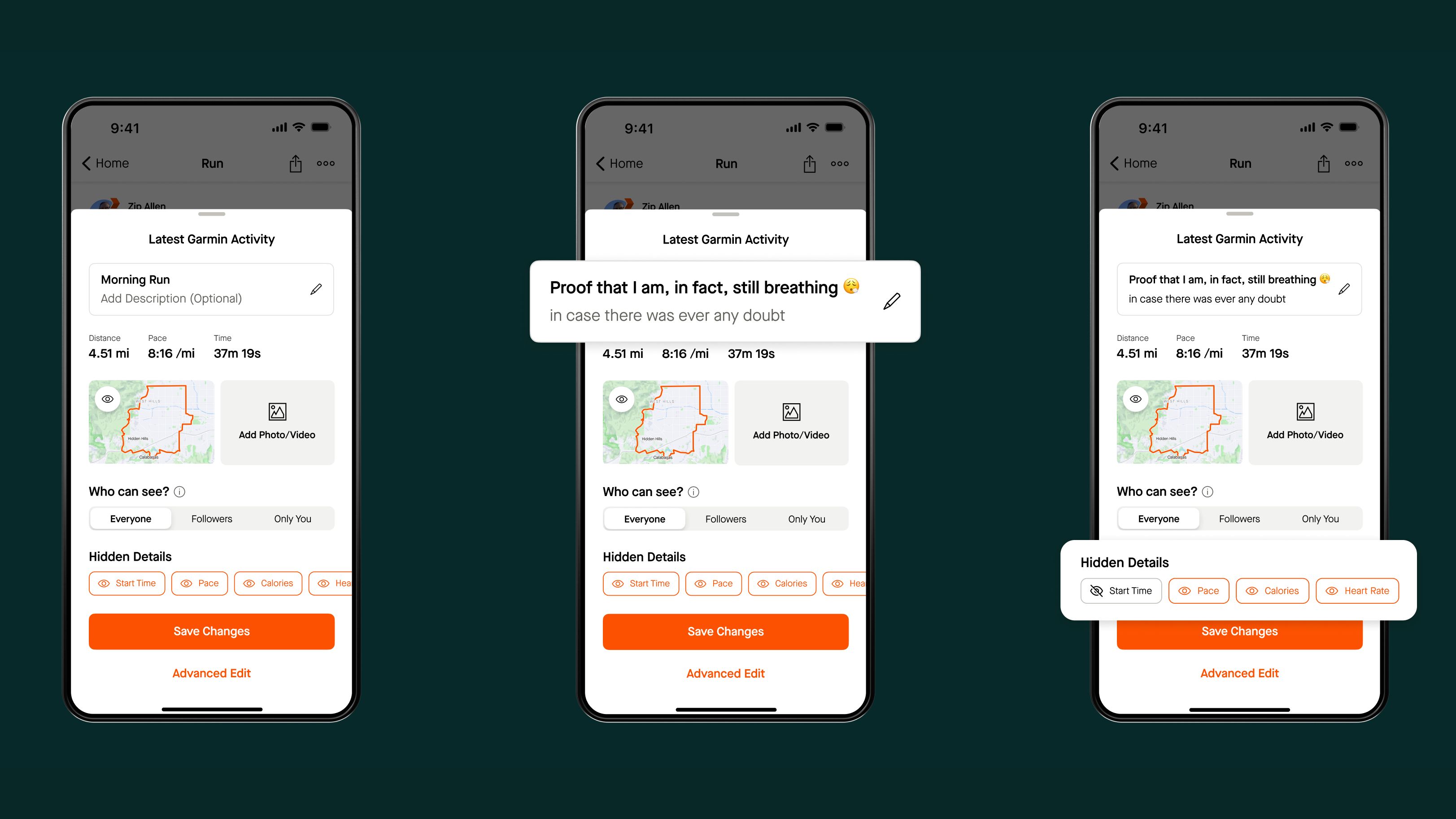 Capturas de pantalla que destacan la nueva función Edición rápida de Strava.