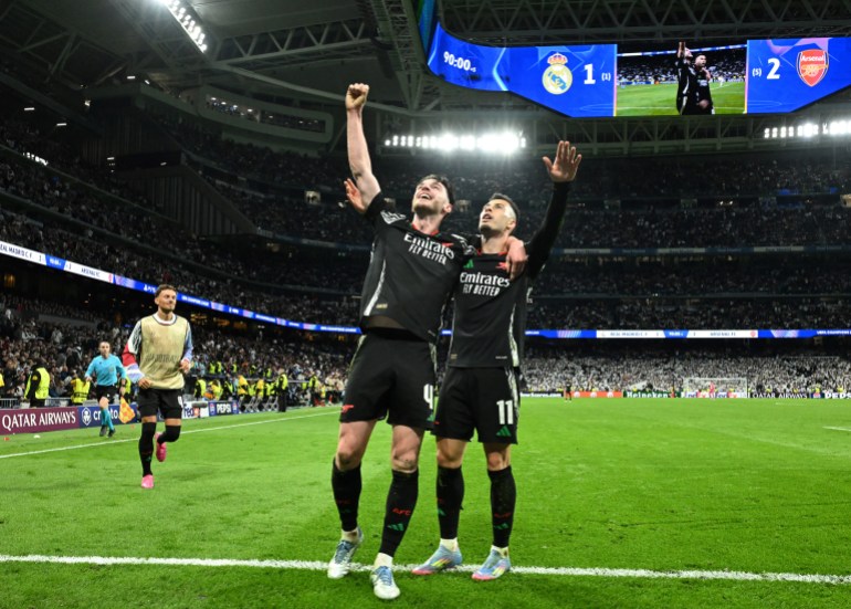 El centrocampista brasileño del Arsenal, el 11 de abril de 2025, el segundo gol del equipo entre el segundo gol del equipo y el segundo gol entre el segundo gol del equipo en el estadio Bernabéu de la Liga de Campeones. (Figura Javier Soriano / AFP)