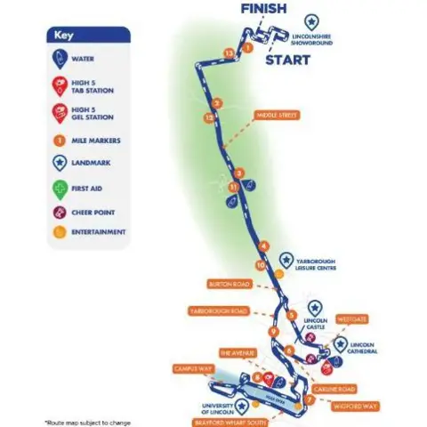 Trabaje para todo el mapa de Half Marathon a través de Lincoln.