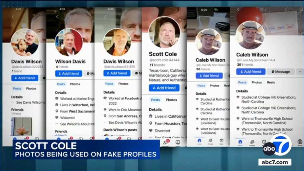 Captura de pantalla de muchos perfiles falsos de redes sociales que utilizan fotografías de Scott Cole.