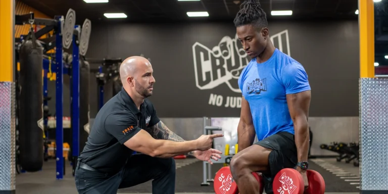 El hombre se ejercita en Crunch Fitness durante el entrenamiento personal.