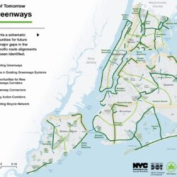Este mapa muestra las vías verdes existentes y los espacios donde se pueden construir futuras vías verdes. Mapa: DOT de Nueva York