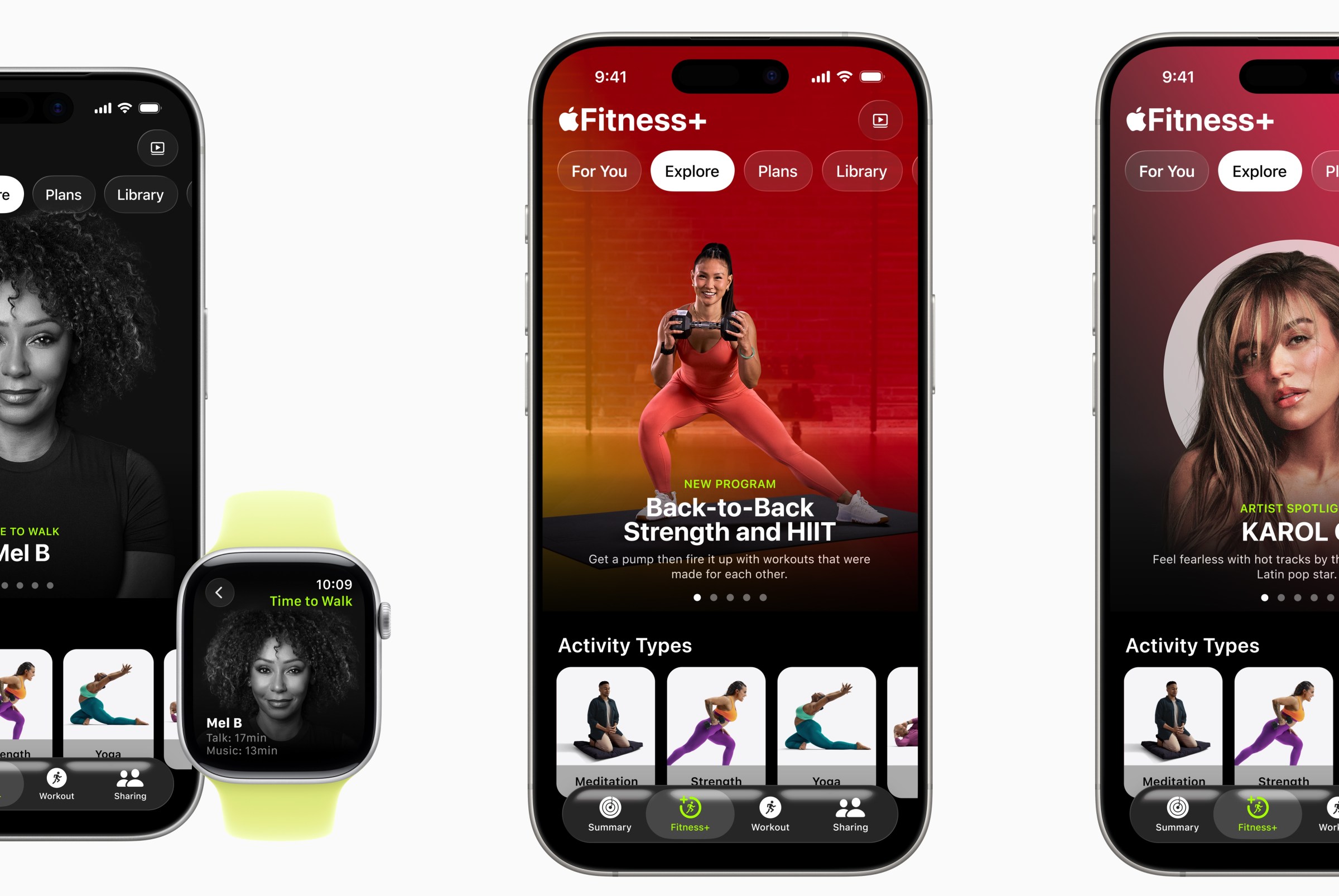 Tres capturas de pantalla simuladas de contenido de Apple Fitness Plus en iPhone y Apple Watch