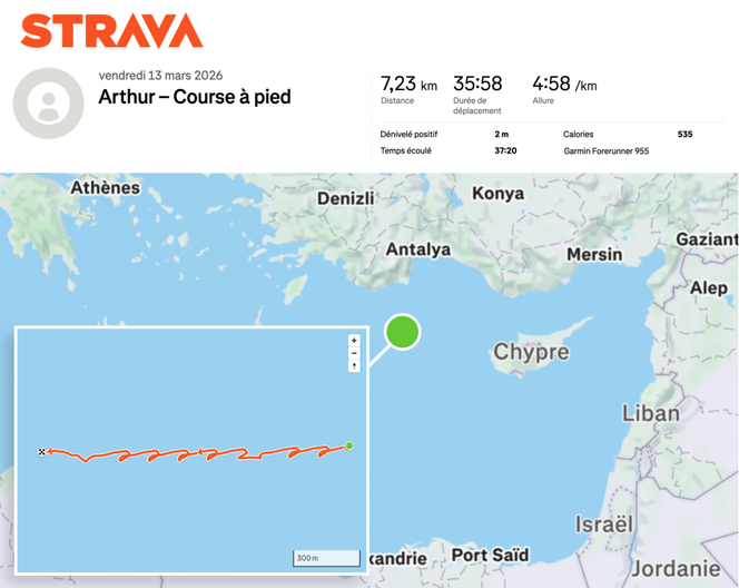 Una publicación anónima de Strava que muestra la actividad registrada en el Mediterráneo el 13 de marzo de 2026.