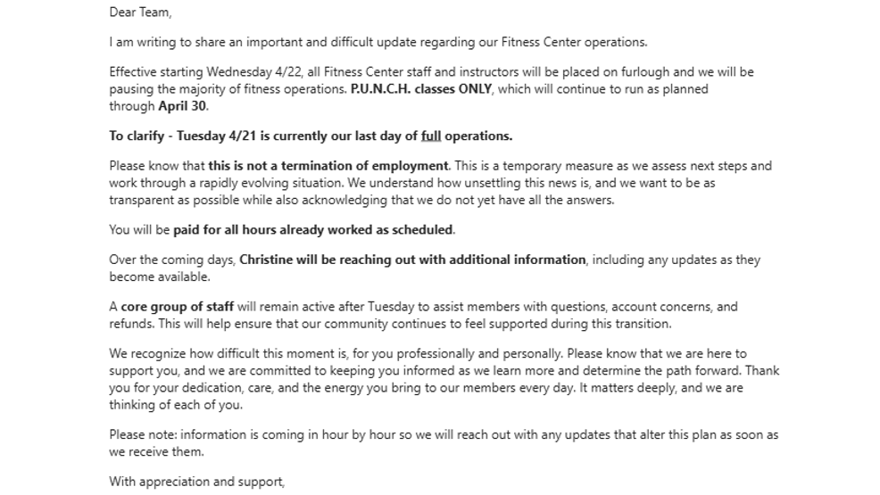 El correo electrónico fue enviado al personal del Symons Family Fitness Center (WHP) el viernes.