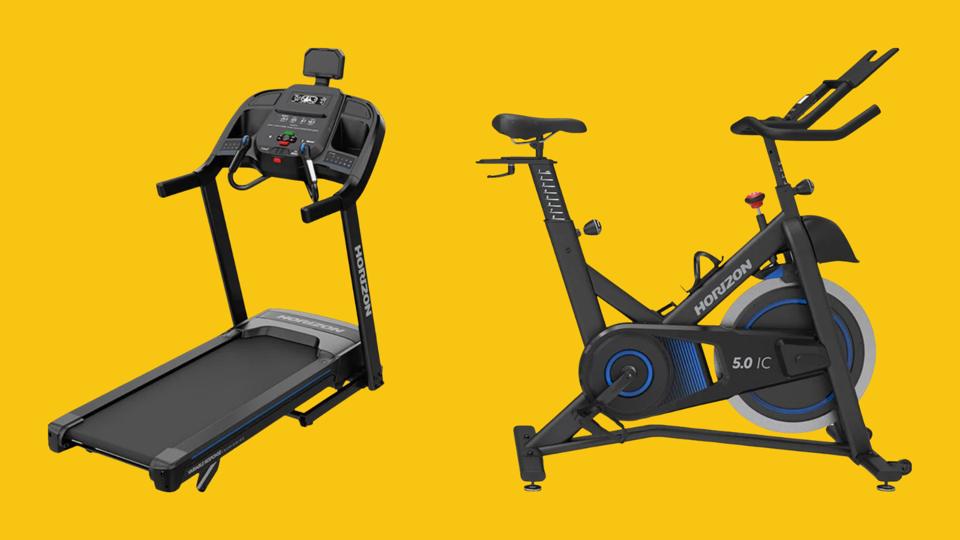 Collage de cinta de correr y bicicleta Horizon Fitness.