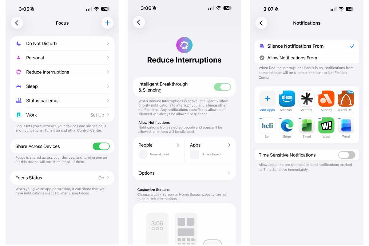 Capturas de pantalla de iPhone que muestran la configuración de enfoque